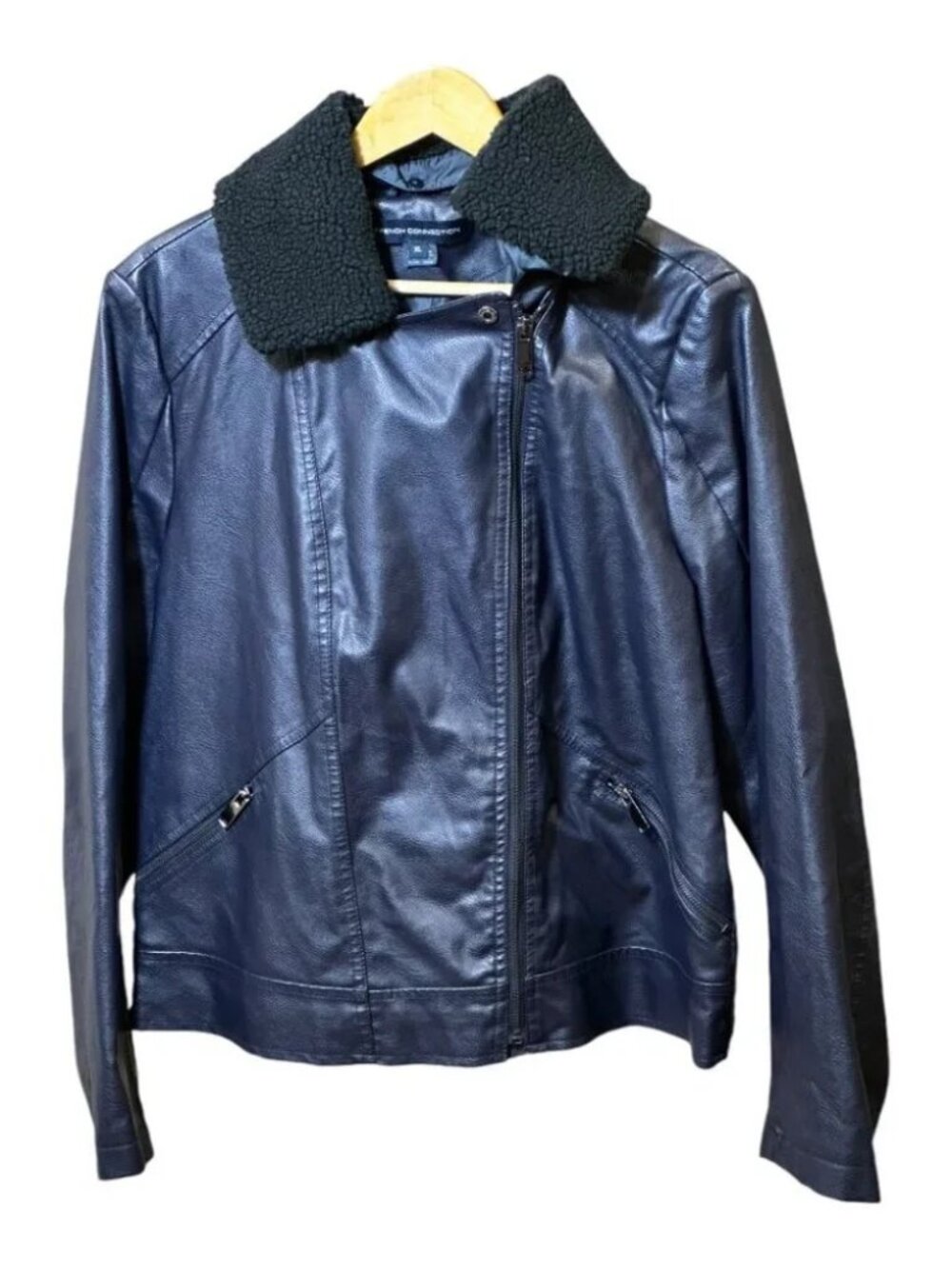 French Connection Faux Leather Moto Jacket Size X-Large Navy - Picture 3 of 14